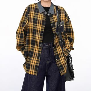 rinkoplan Contrast Collar Plaid Button Shacket Sale