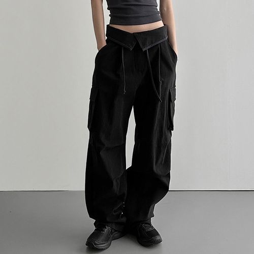 High Rise Plain Wide Leg Cargo Pants