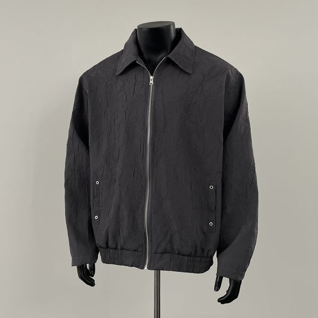 Mimiyox-Collared Plain Zip-Up Jacket