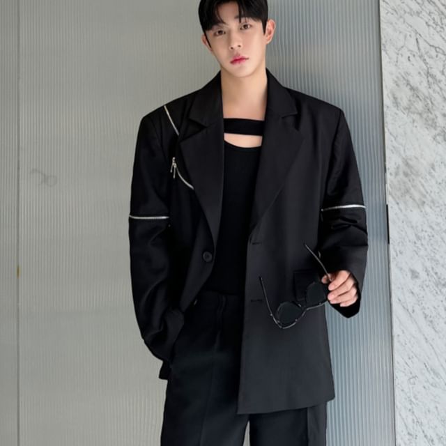 Freehop-Notch Lapel Plain Zipped Single-Breasted Blazer