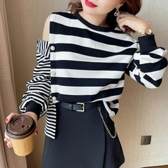 SUMMO - Cold-Shoulder Striped Knit Top
