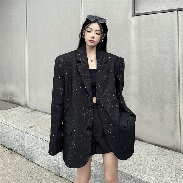 Porstina-Notch Lapel Plain Glitter Single Breasted Blazer