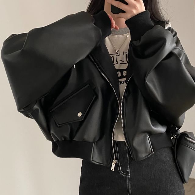 Cloud Nine-Mock Two-Piece Two Tone Drawstring Hooded Faux Leather Zip Jacket