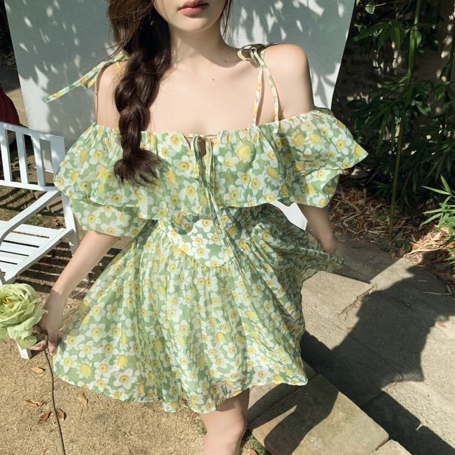 Windflower - Cold-Shoulder Floral Mini A-Line Dress | YesStyle