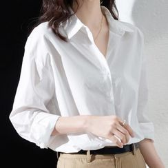 Mimi Lulu - Long-Sleeve Crew Neck Plain Blouse