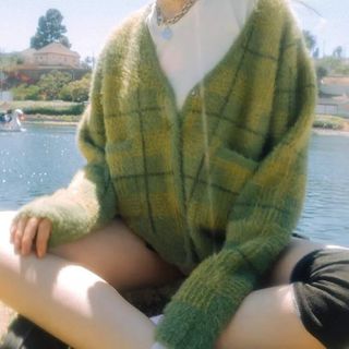 unif green plaid cardigan