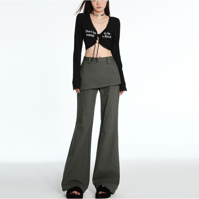 Denimot-High Rise Plain Skirt Overlay Flared Pants