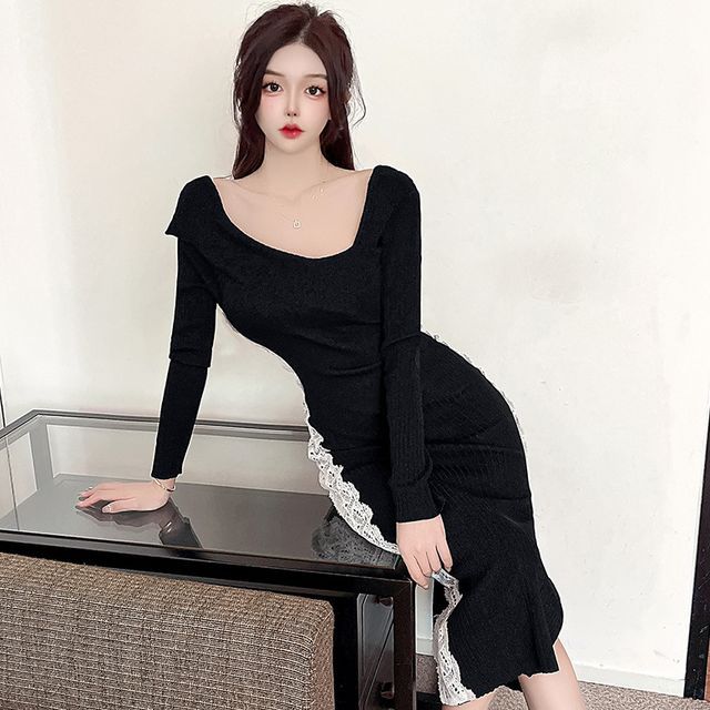 Hasu - Long-Sleeve Asymmetrical Neckline Two-Tone Lace Panel Slit Midi  Bodycon Knit Dress | YesStyle