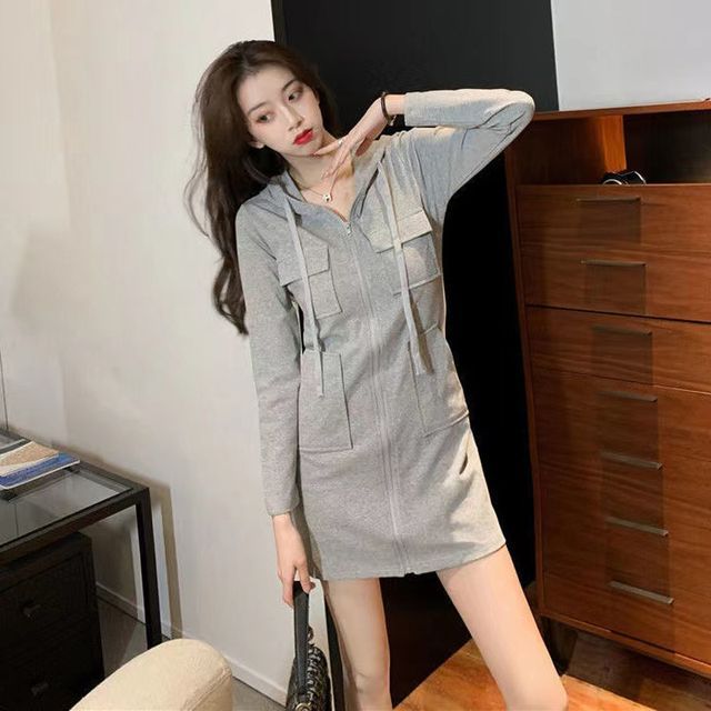 Everose-V-Neck Plain Hoodie Dress