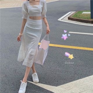 Lady Jean-Square-Neck Crop Elbow-Sleeve Blouse Mermaid Skirt