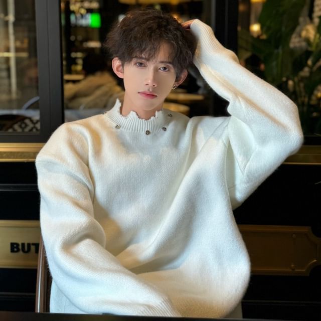 ravewider-Long-Sleeve High Neck Plain Distressed Sweater