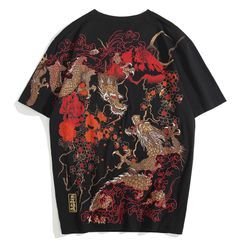 Basique - Short-Sleeve Dragon Embroidered T-Shirt