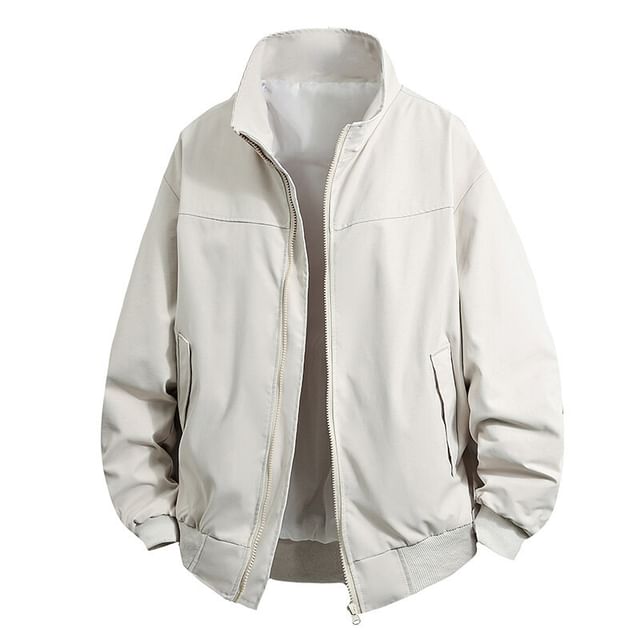 FORSETI-Stand Collar Plain Ruched Zip Jacket