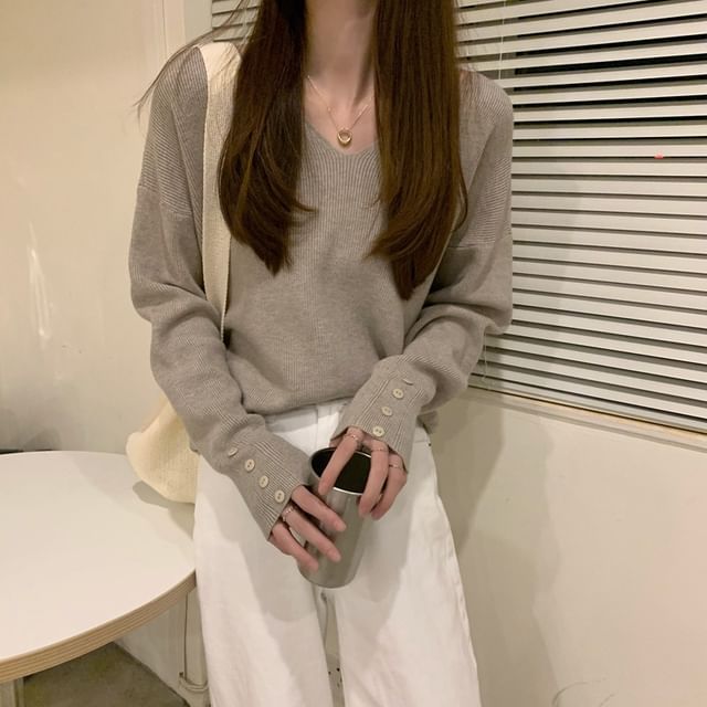 INEN-V-Neck Plain Button Detail Cuff Knitted Sweater