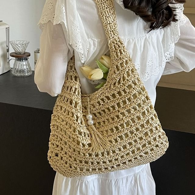 KOCORE-Perforated Tasseled Plain Tote Bag