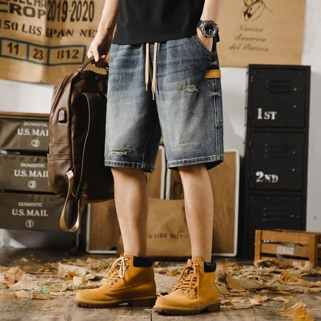 Wewewow-Drawstring Waist Distressed Washed Denim Shorts
