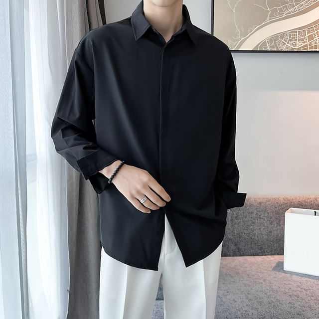 Zentrus-Long Sleeve Collared Plain Shirt
