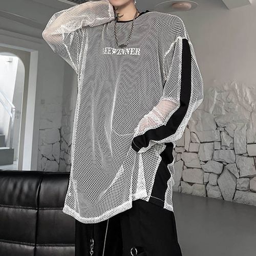 Long-Sleeve Crew Neck Plain Mesh Oversized T-Shirt