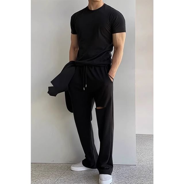 fluffush-Short Sleeve Crew Neck Plain T-Shirt