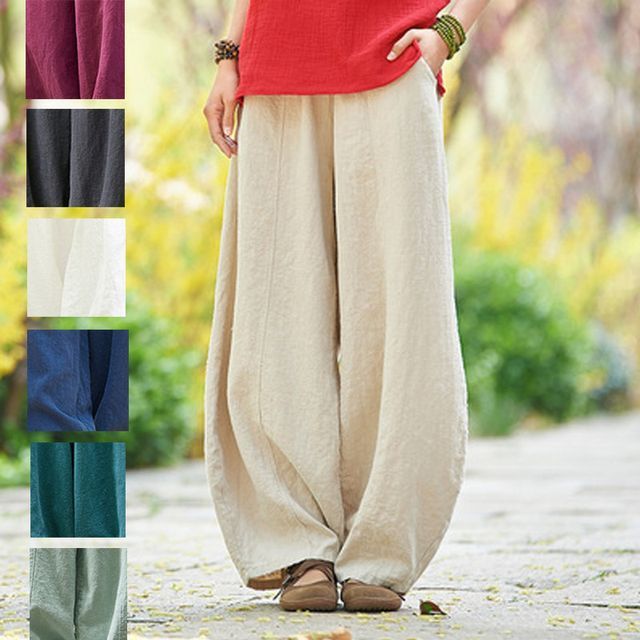 INEN-Elastic Waist Plain Linen Harem Pants