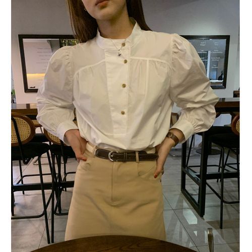 Puff Sleeve Band Collar Plain Gathered Shirt