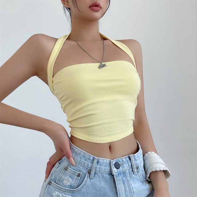 LIVIE-Halter Plain Ruched Crop Top