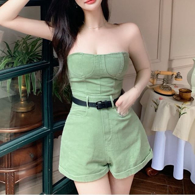 Strawolf-Sweetheart Neckline Denim Wide-Leg Romper