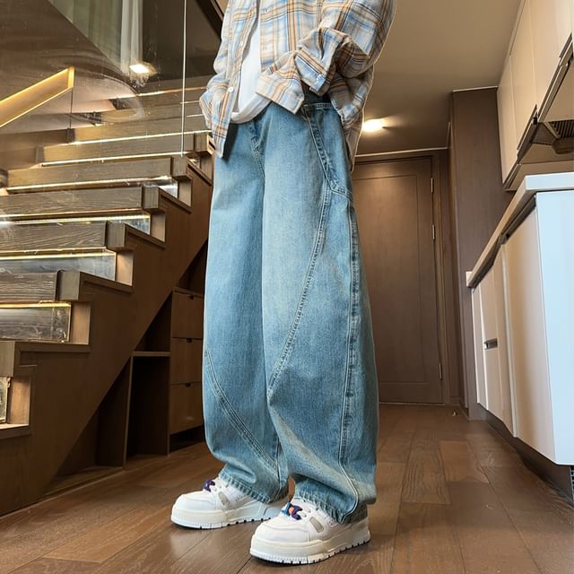 Priam-Mid Rise Washed Panel Straight Leg Jeans