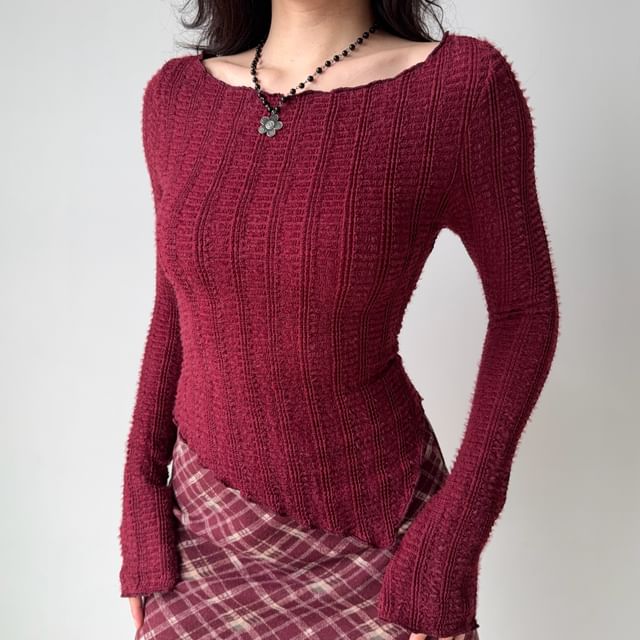 Sinora-Long-Sleeve Boat Neck Asymmetrical Plain Knit Top