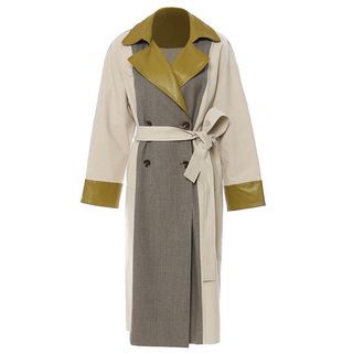 Glizzer Collared Houndstooth Panel Faux Leather Midi Double Breasted Trench Coat with Sash