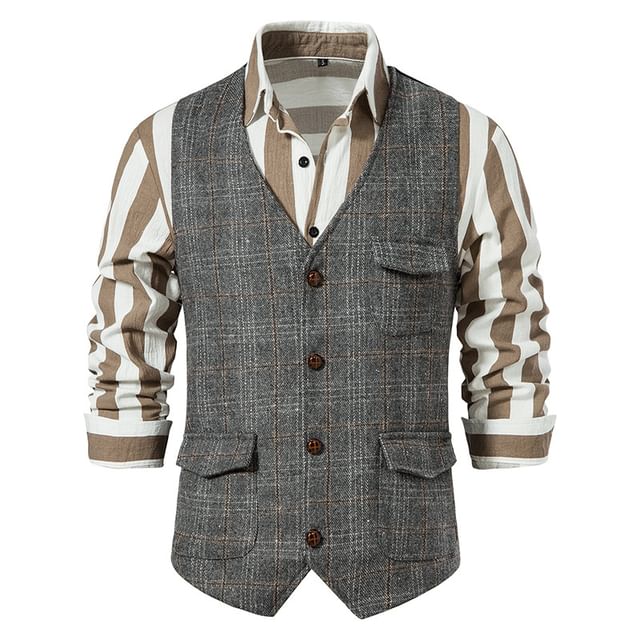 YIKES-V-Neck Plaid Button-Up Vest