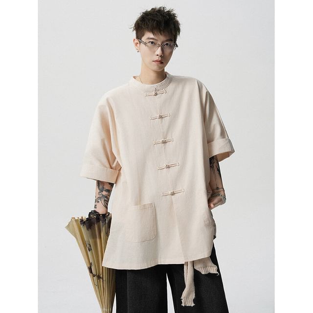 Orungeetun-Short-Sleeve Plain Frog Buttoned Shirt