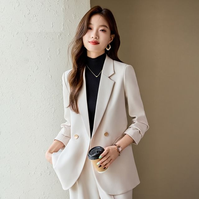 Skyheart-Lapel Collar Plain Double Breasted Blazer Mid Waist Plain Wide Leg Slacks Set