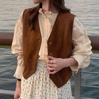 Coris-V-Neck Plain Faux Suede Button Cropped Vest