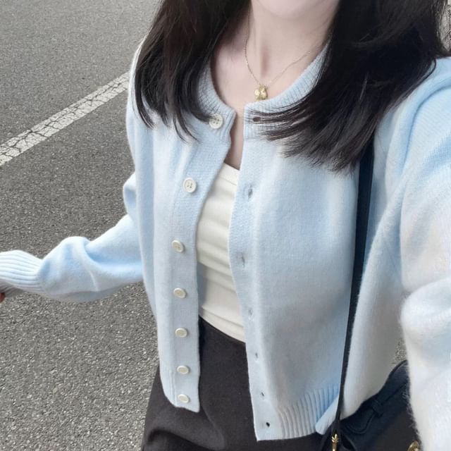 Keiko Girl-Round Neck Plain Button Cardigan