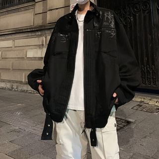 Hushgrain-Stand Collar Zip-Up Bomber Jacket