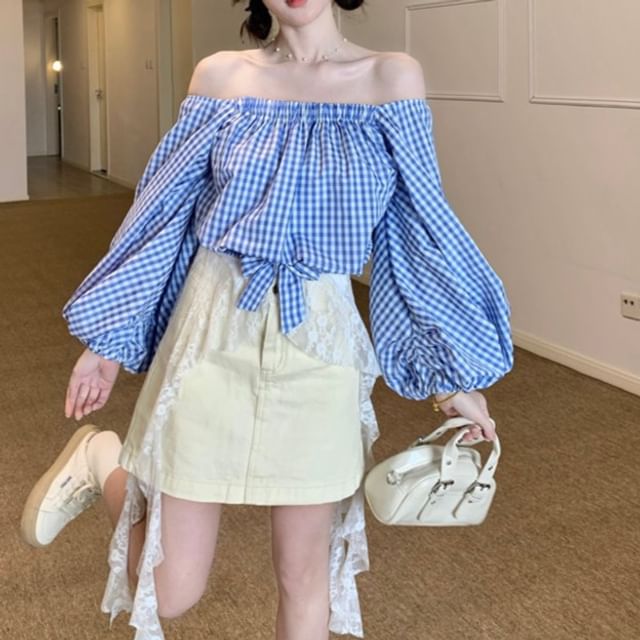 Trendycas-Off-Shoulder Gingham Tie-Front Blouse Plain Asymmetrical Lace Ruffle Camisole Top