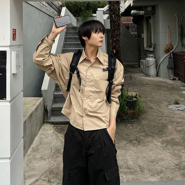 mopagrati-Long Sleeve Collared Plain Shirt