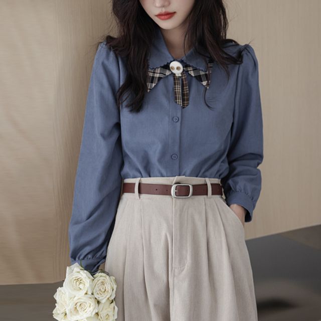 Puff-Sleeve Plaid Trim Blouse 