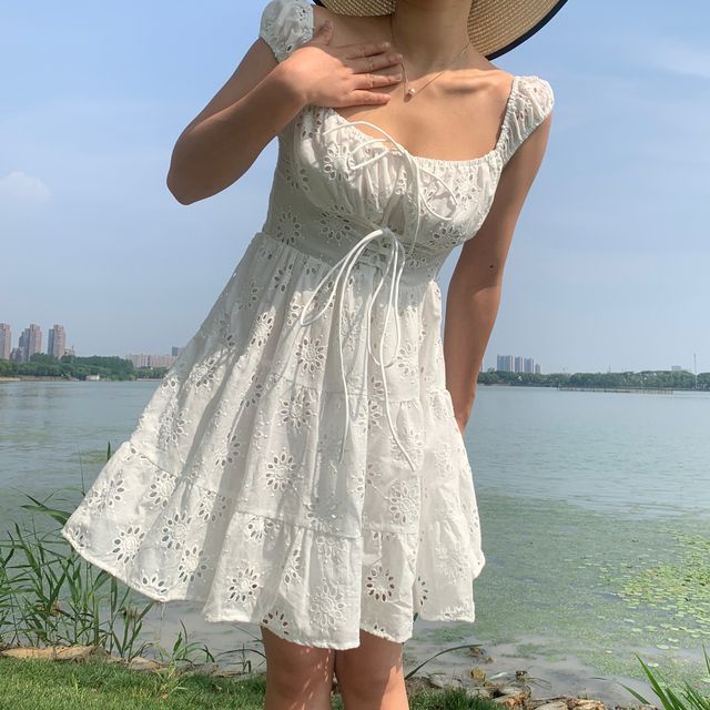 Mouang - Wide Strap Lace-Up A-Line Eyelet Lace Dress | YesStyle