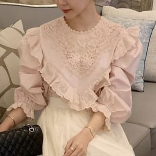 Coris-Long-Sleeve Lace Asymmetrical Plain Blouse