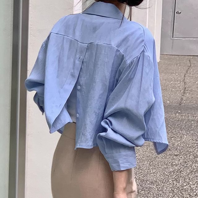 Coris-Long-Sleeve Button Back Plain Crop Shirt