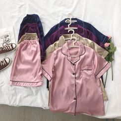 Soswift - Pajama Set: Faux Silk Short-Sleeve Shirt + Shorts