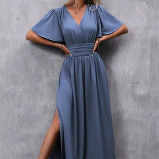 Debohiyah Short-Sleeve V-Neck Plain Slit Ruched Maxi A-Line Wrap Dress