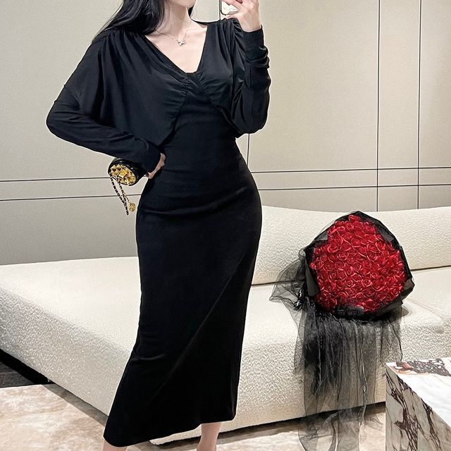 Princess Road - Mock Two-Piece Long-Sleeve V-Neck Plain Midi Bodycon Dress  | YesStyle