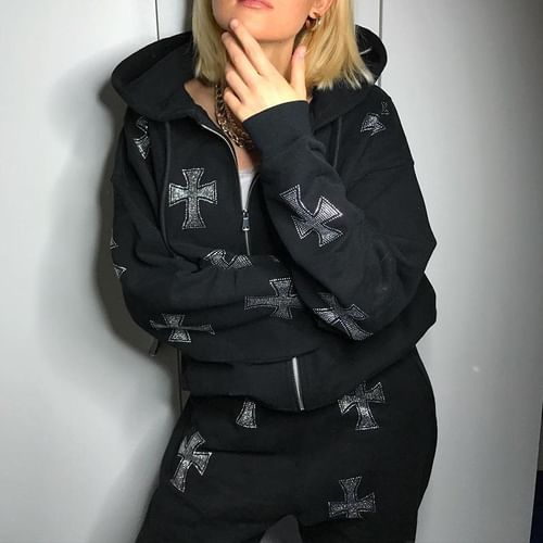 Sensarra - Rhinestone Cross Hooded Zip Jacket | YesStyle