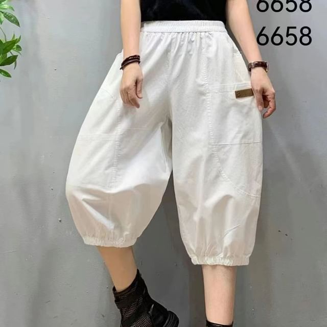 Everose-Elastic Waist Plain Capri Harem Pants