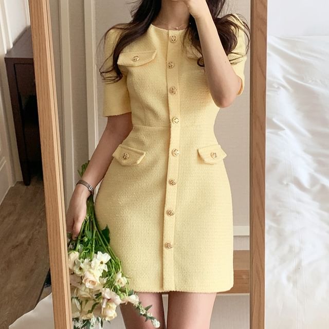 Coris-Short-Sleeve Plain Button-Up Mini Sheath Dress