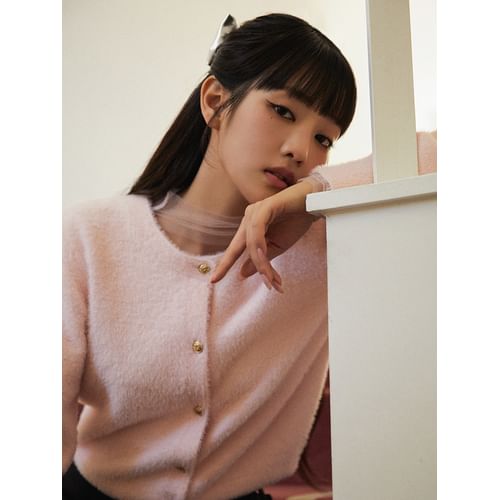 rolarola - Crew-Neck Furry Knit Cardigan (Light Pink) | YesStyle