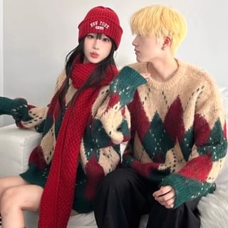 Blueforce-Couple Matching Round Neck Argyle Sweater